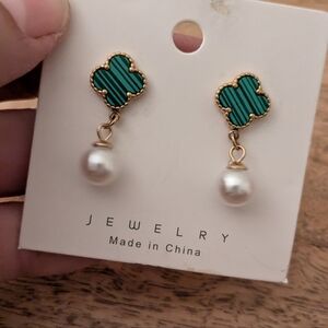 Genuine Pearl And Faux Malachite Drop Earrings